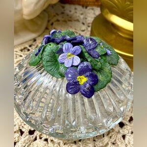Glass Trinket Dish with Purple Floral Design